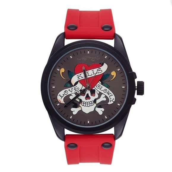Ed Hardy Other - Ed Hardy Love Kills Slowly Mens Watch Red Silicone Strap Black Case 50459 Quartz